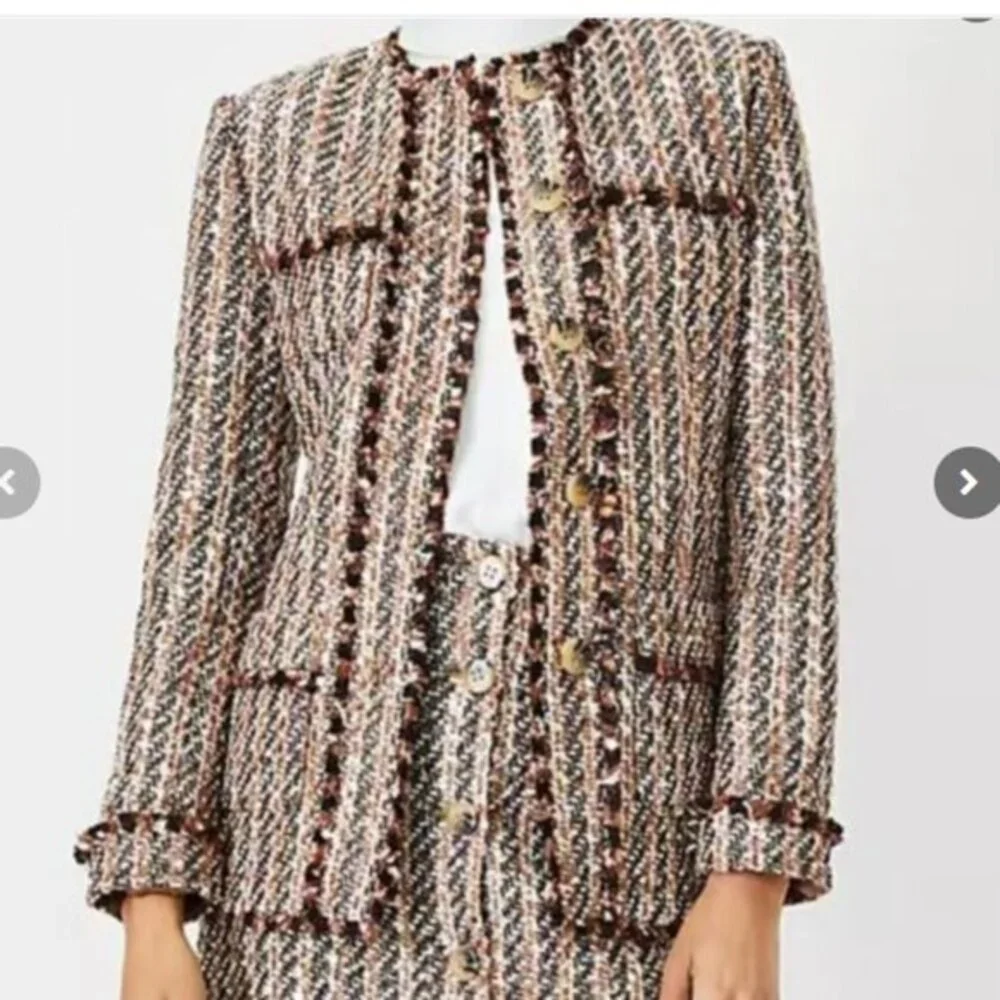 Ann Taylor Metallic Fringe Tweed Blazer Jacket Brown Size 4 NWT - Picture 1 of 12